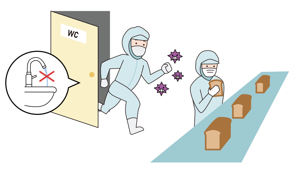 排便後の手洗い不十分で、1271名ものノロウイルス胃腸炎患者が発生した様子を示すイラスト