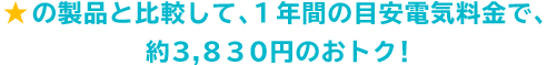 ★の製品と比較して、1年間の目安電気料金で、約3,830円のおトク！